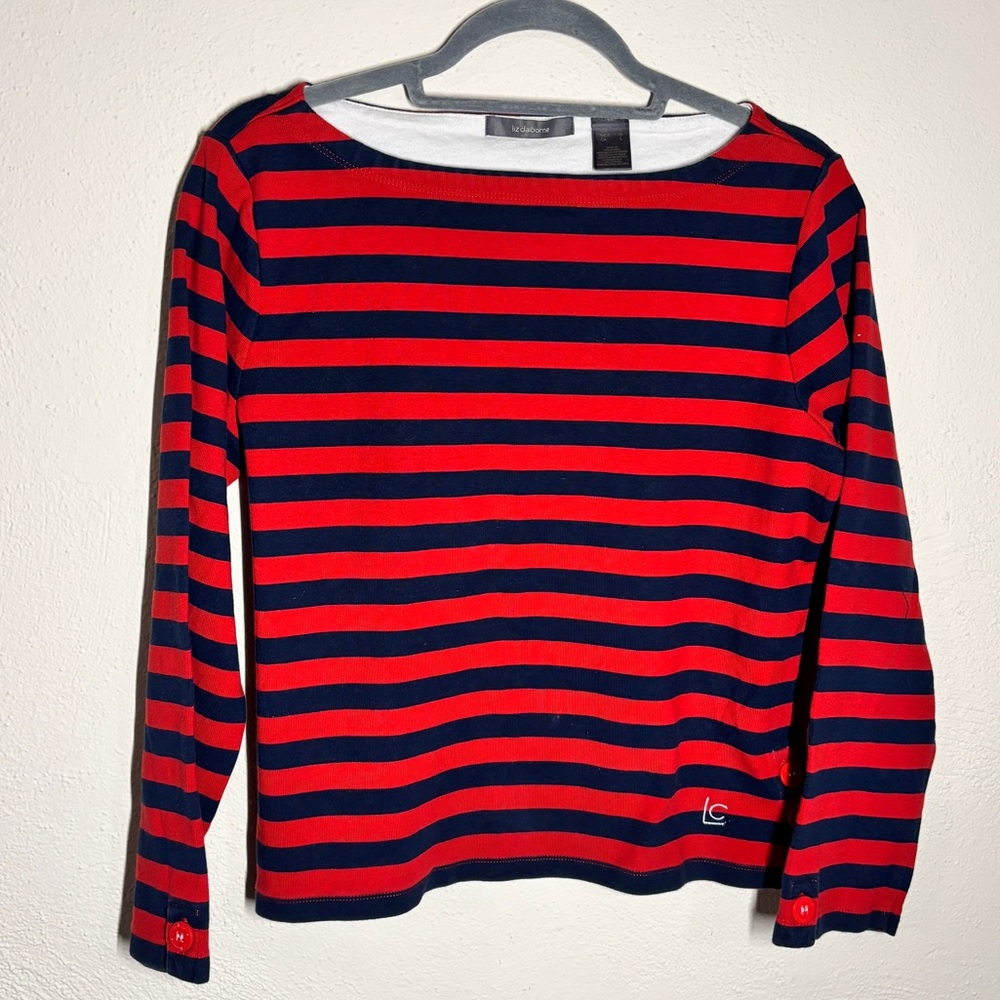 Liz Claiborne Red and Navy Striped Long Sleeve Top